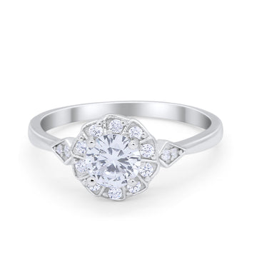 Halo Engagement Vintage Style Bridal Ring Round Simulated CZ 925 Sterling Silver